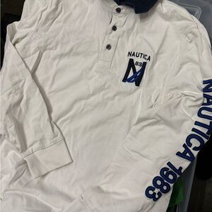 Nautica White Long-Sleeve Polo with Navy Logo and Sleeve Script